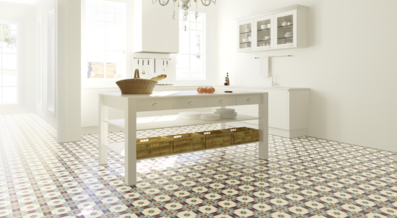 Küche mit gemustertem Designboden