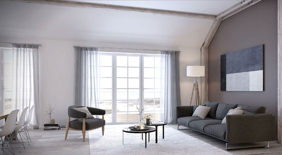 Wohnzimmer mit leichten Vorhängen